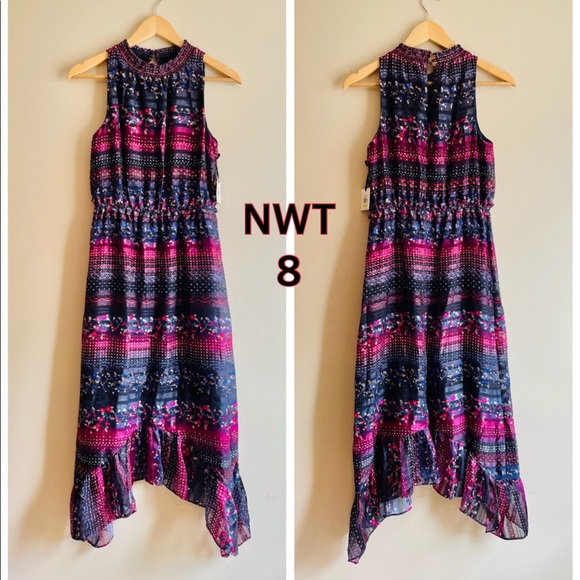 Kensie 8 multicolor purple navy red stripe midi maxi ruffle hem sharkbite nwt 8 - Picture 12 of 12